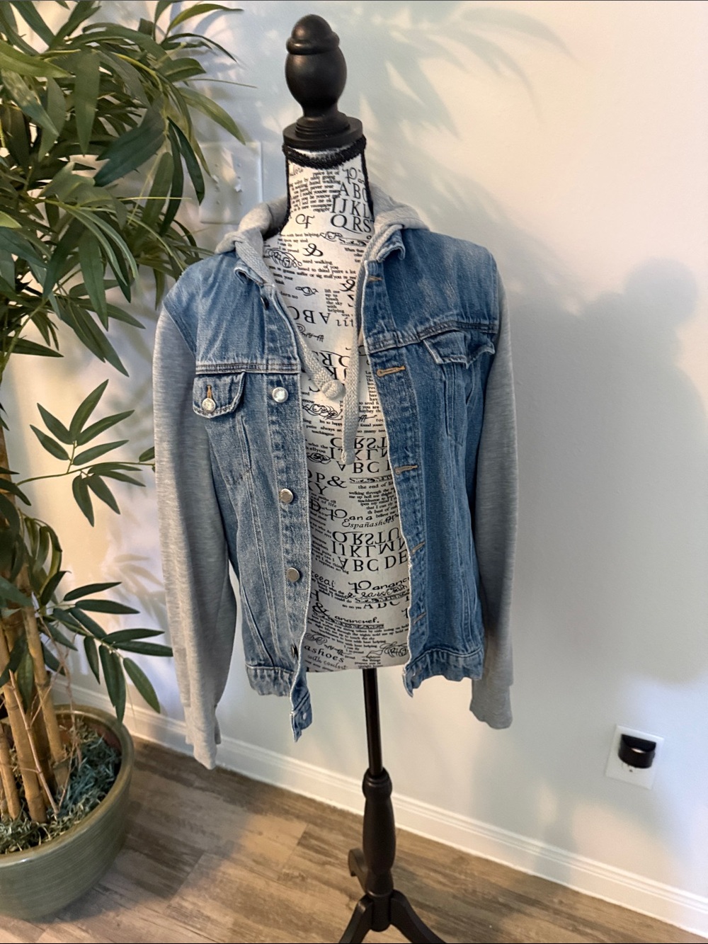 Denim & Knit Hooded Jacket - Light Blue/Gray - Picture 1 of 2
